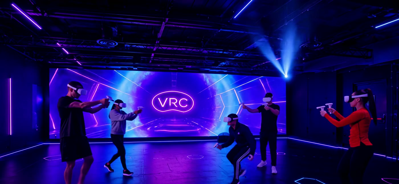 Arena VRC — giocatori in sala VR con schermo Multiverse